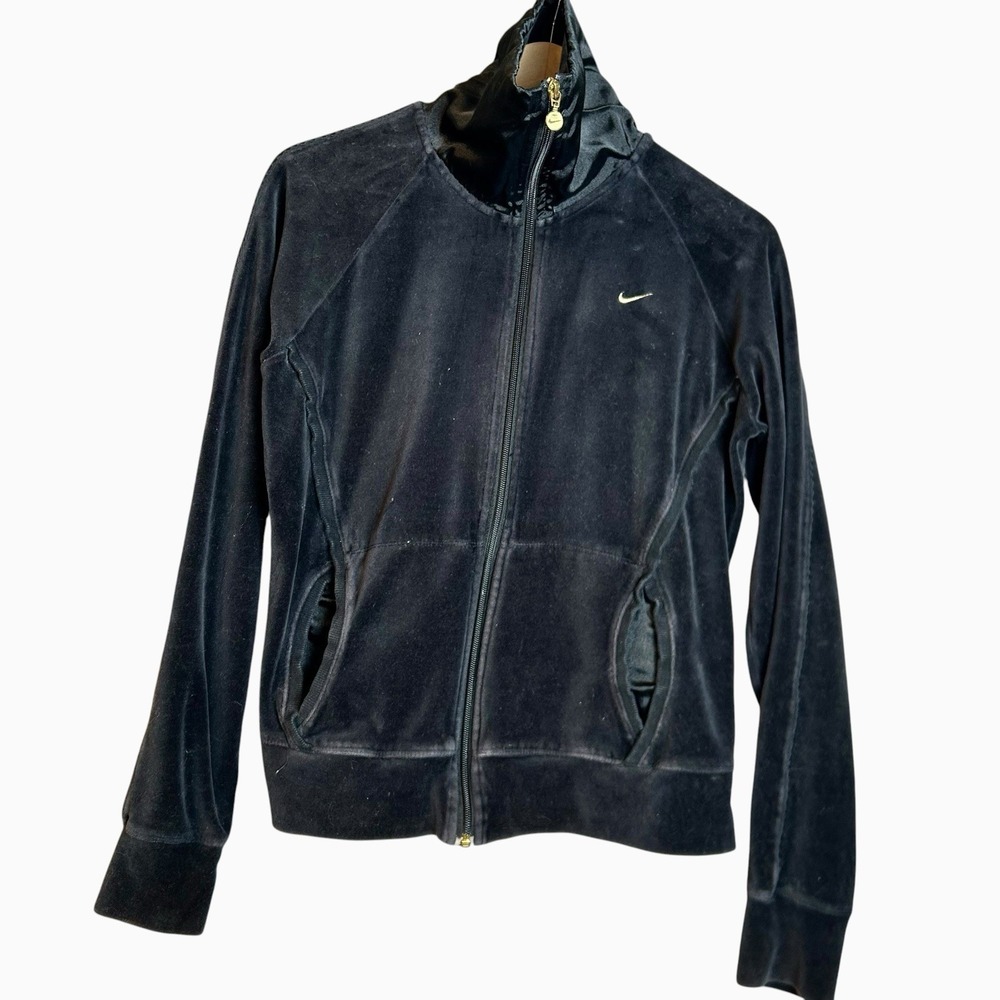 VTG Y2K Nike Track Jacket Womens XL Black Velour Full Zip Gold Swoosh